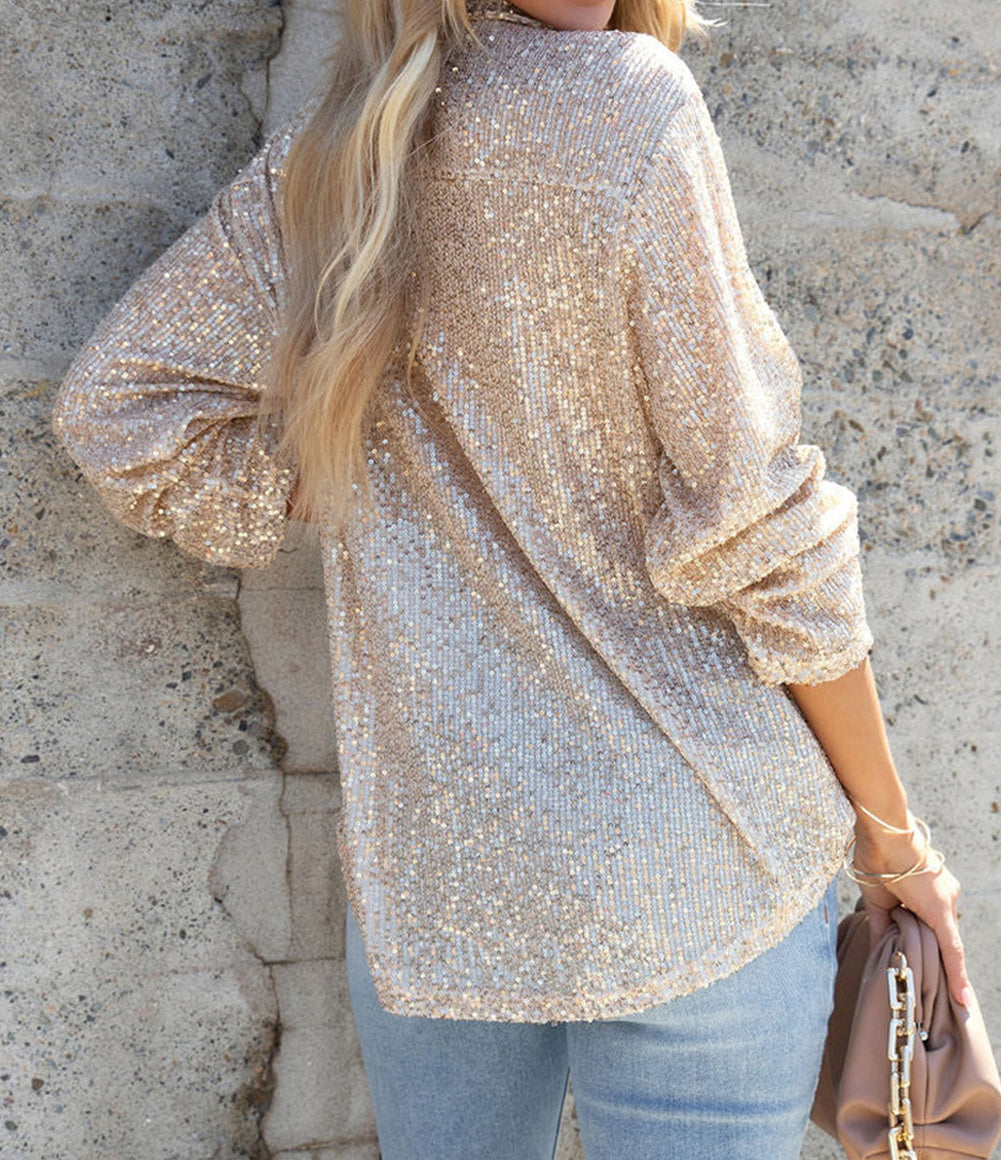Gold Sequin Collared Bust Pocket Buttoned Shirt