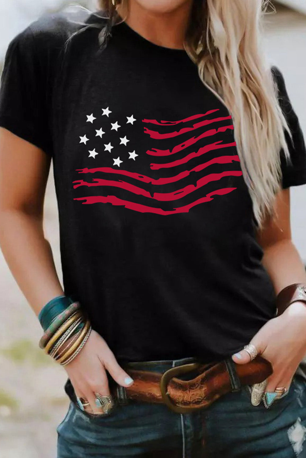 American Flag Graphic Crew Neck T Shirt