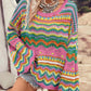 Colorblock Striped Hollowed Knit Loose Sleeve Sweater