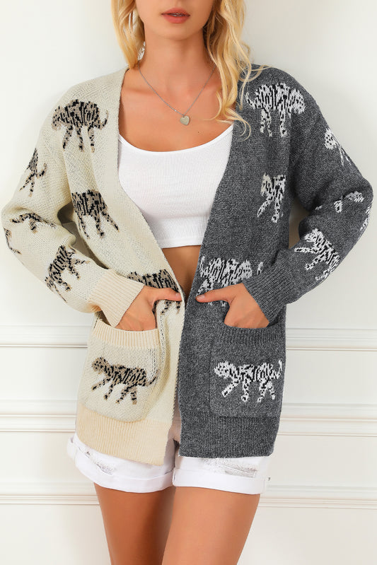 Animal Print Colorblock Open Front Cardigan