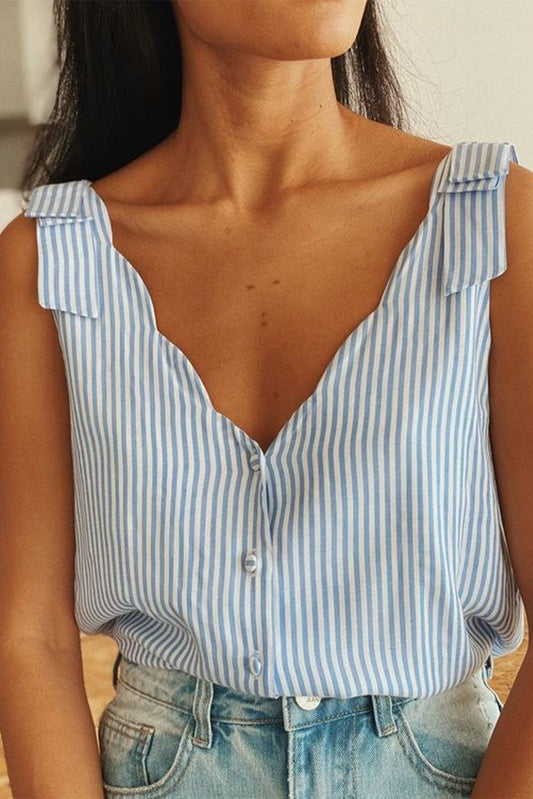 Stripe Scalloped V Neck Buttoned Tank Top