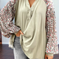 Contrast Printed Bubble Sleeve Henley Loose Top with Slits