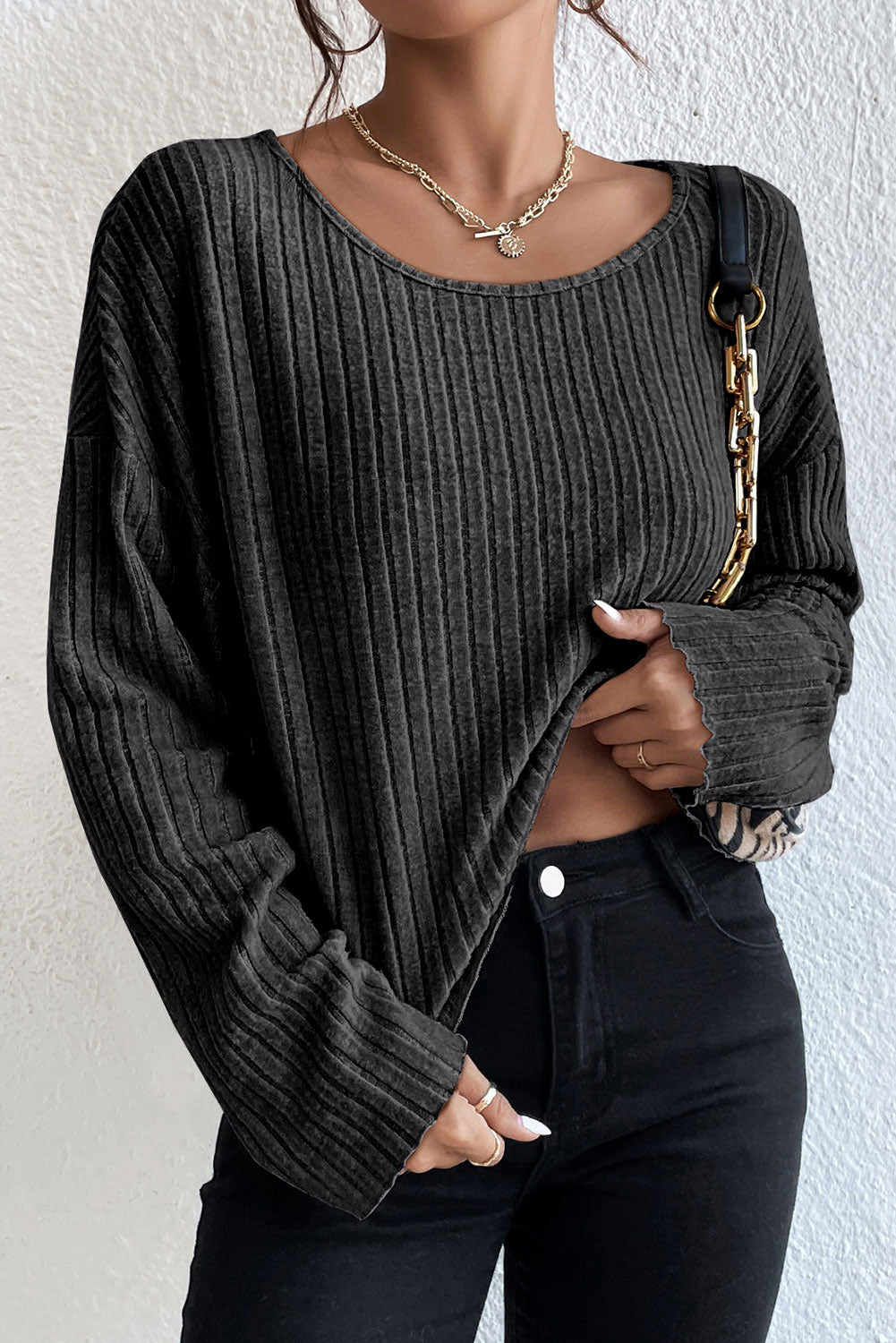 Lettuce Cuffs Drop Shoulder Loose Ribbed Knit Top