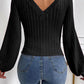 Knitted Jacquard V Neck Lantern Sleeve Top