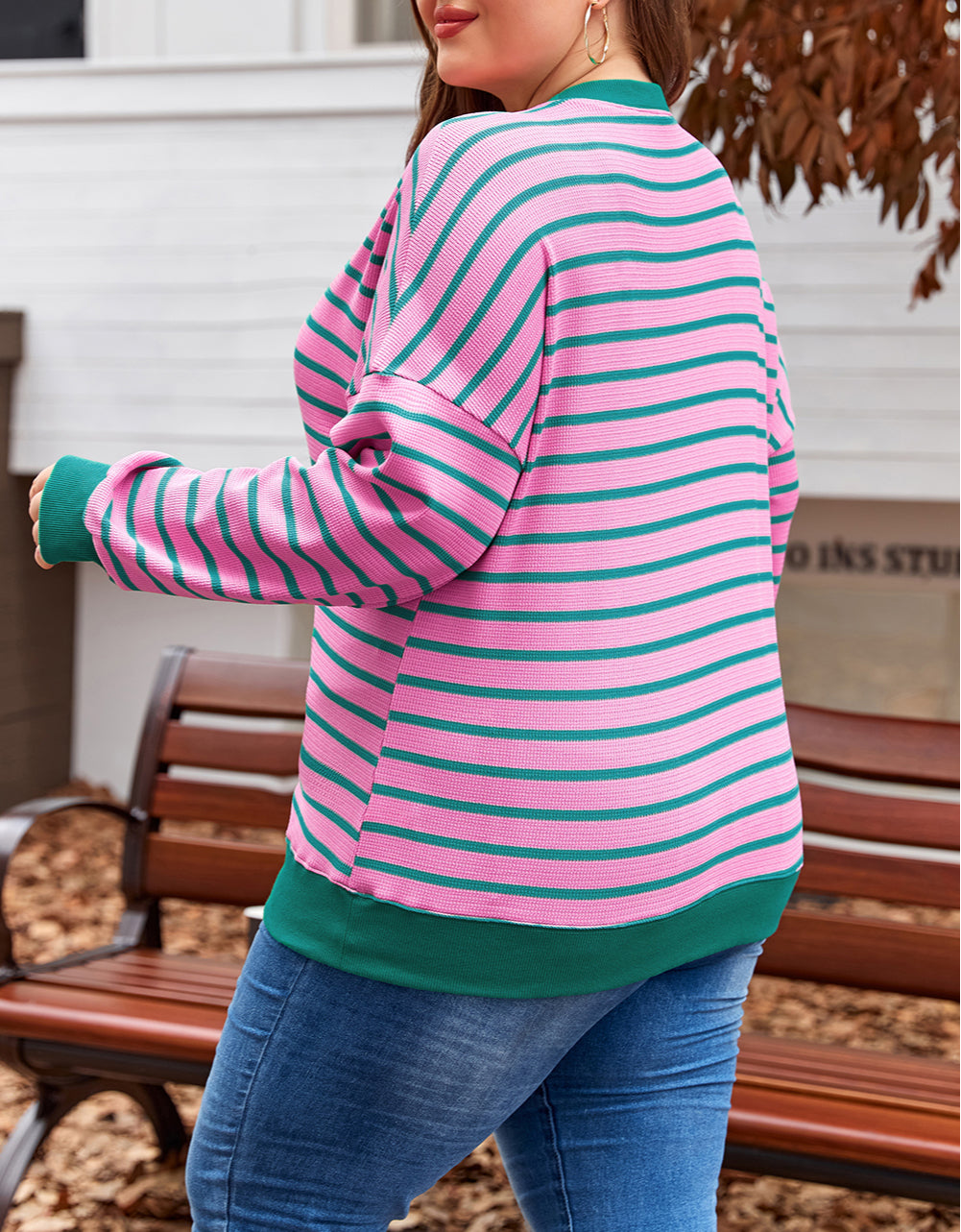 Stripe Waffle Knit Crew Neck Plus Size Sweatshirt