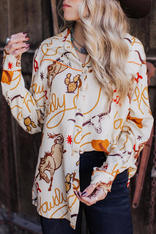 howdy Western Patterns Button up Loose Shirt