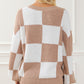 Checkered Ribbed Knit Puff Sleeve Sweater