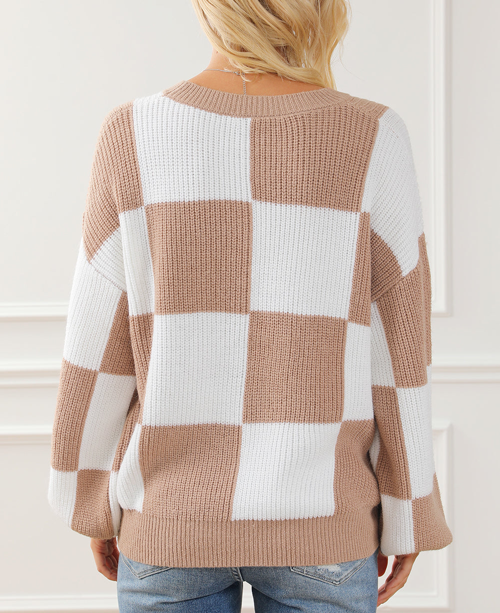 Checkered Ribbed Knit Puff Sleeve Sweater