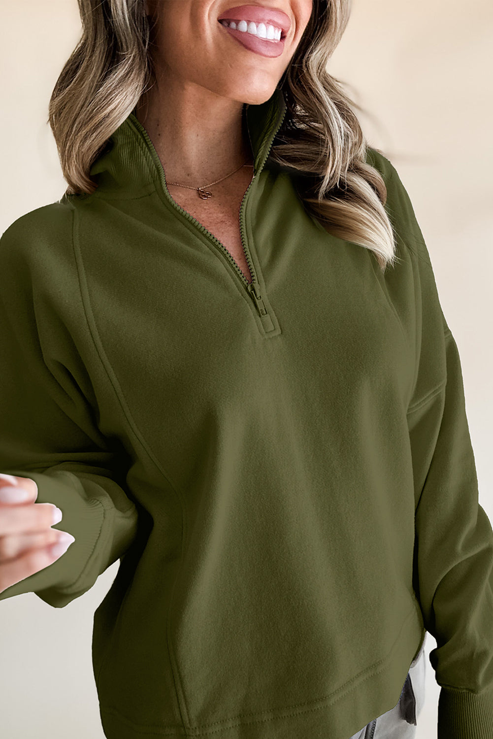 Zipped Neck Pullover Drop Shoulder Sweatshirt