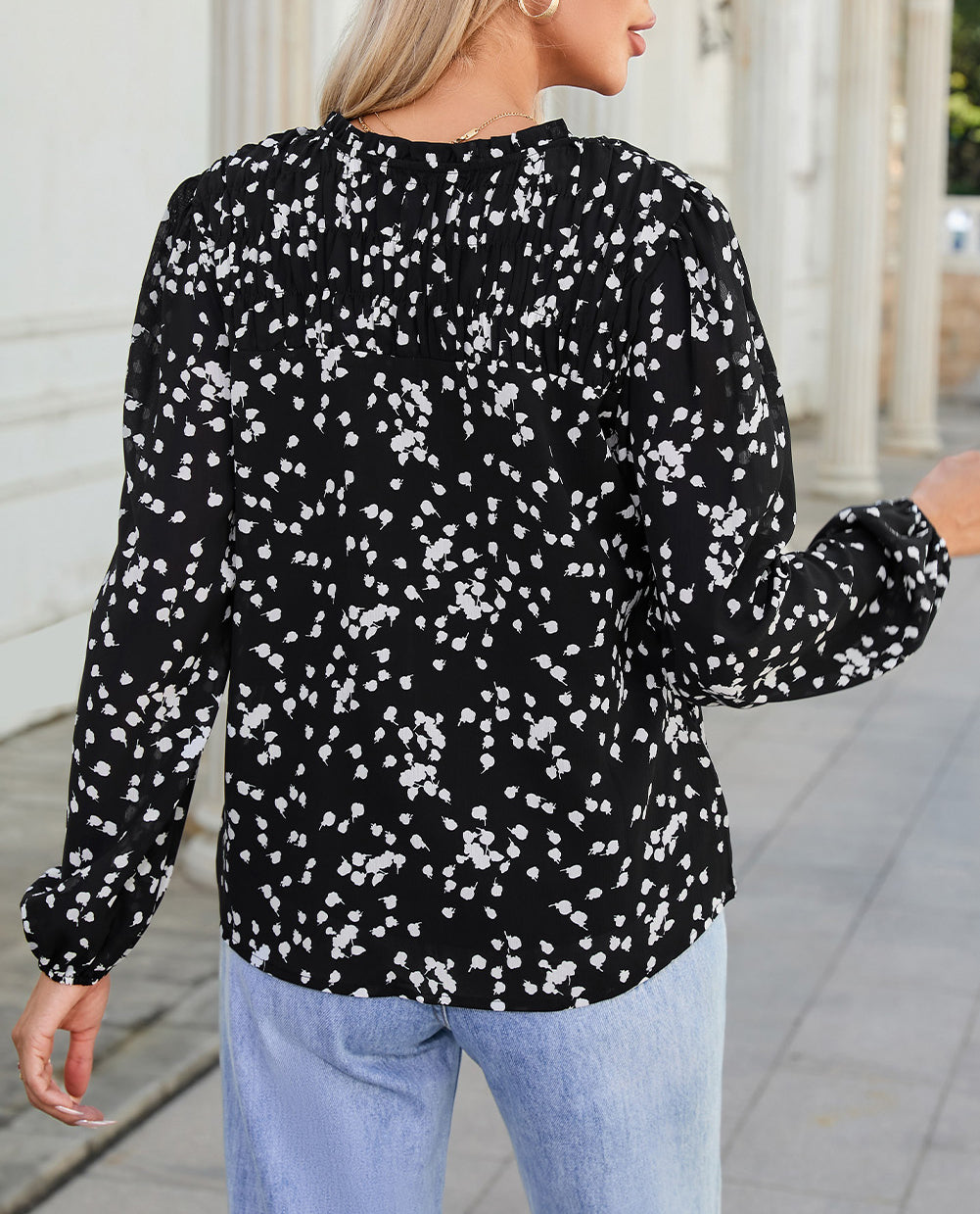 Split Neck Fall Printed Crinkled Blouse