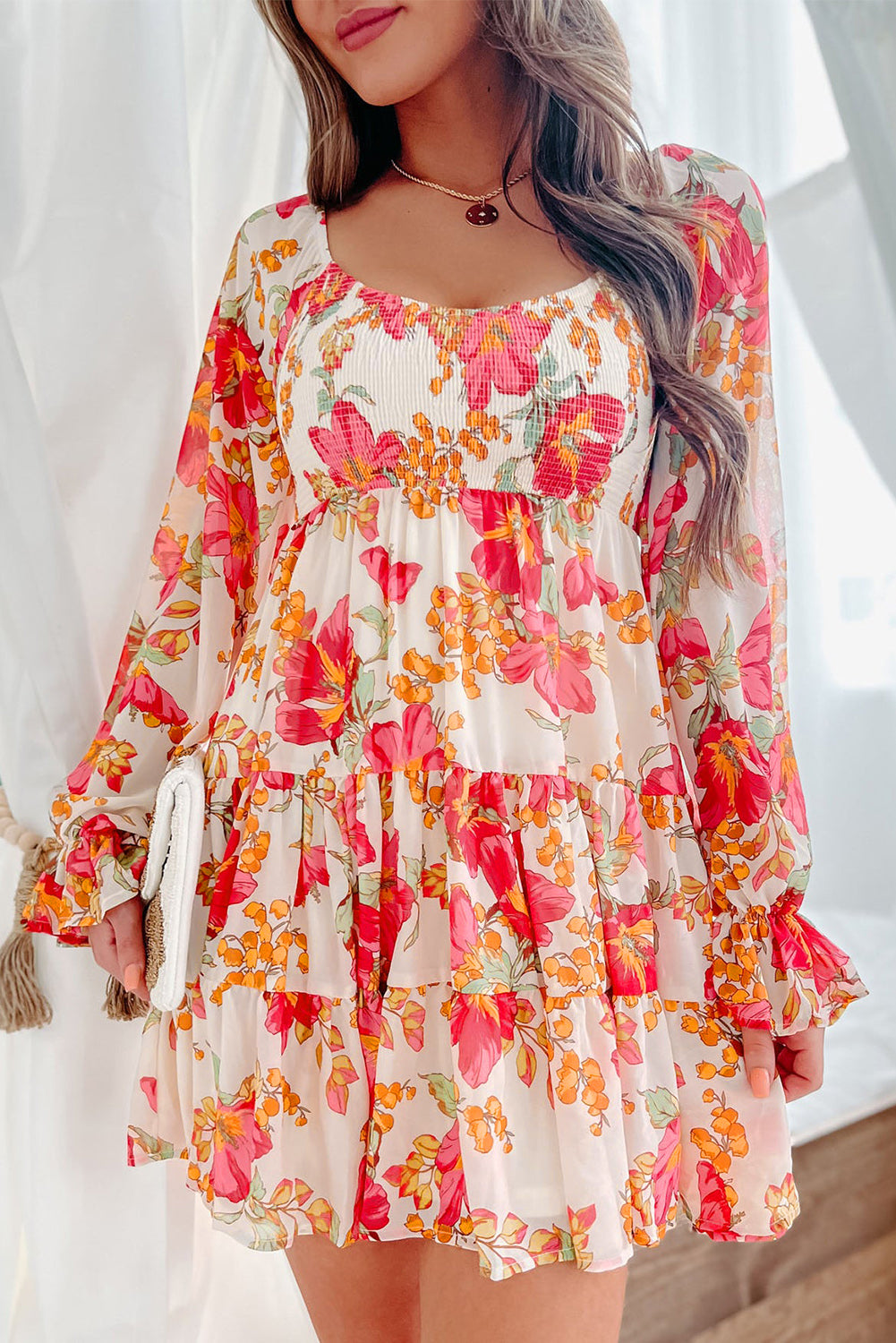 Red Smocked Tiered Floral Dress