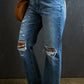 Distressed Holes Raw Edge Straight Jeans