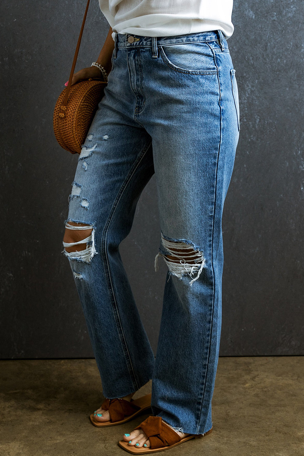 Distressed Holes Raw Edge Straight Jeans