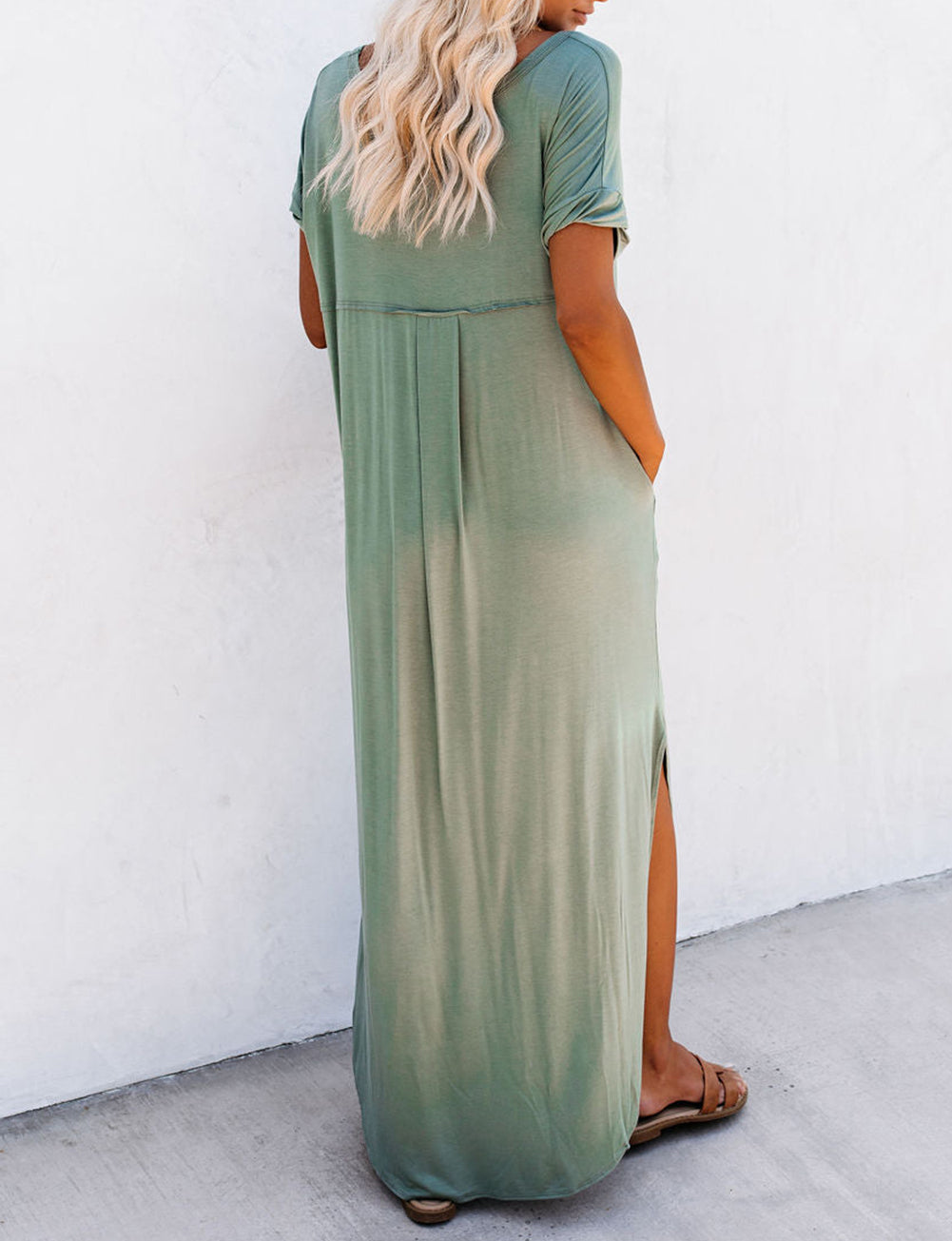 V Neck Hidden Pocket Splits Maxi T-shirt Dress