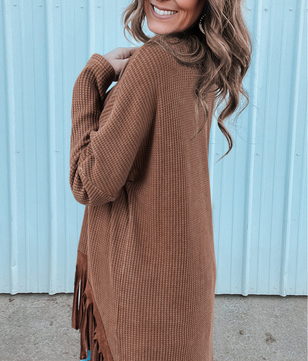 Waffle Knit Fringed High Low Loose Top