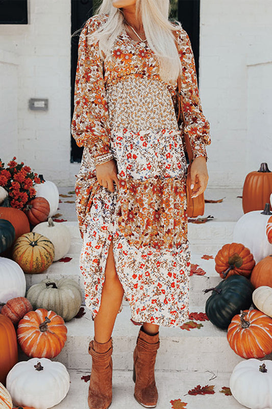 Floral Print Ruffled Tiered Long Sleeve V Neck Midi Dress