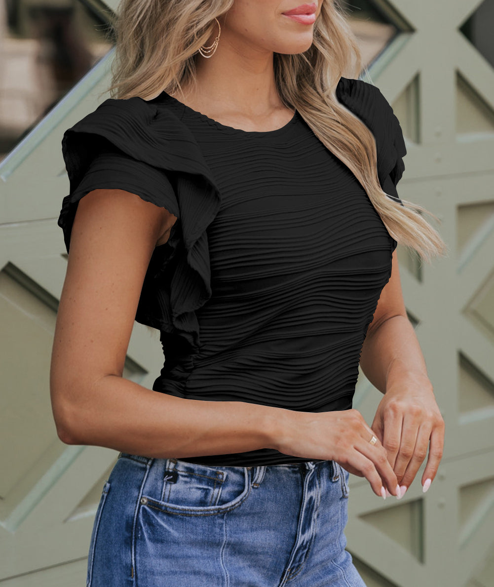 Wavy Textured Ruffle Sleeve Top