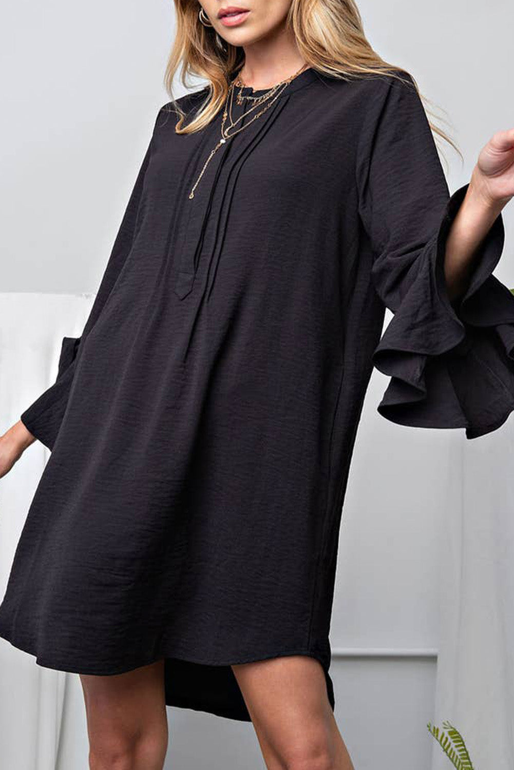 Solid Color Flounce Splicing Sleeve Mini Shift Dress