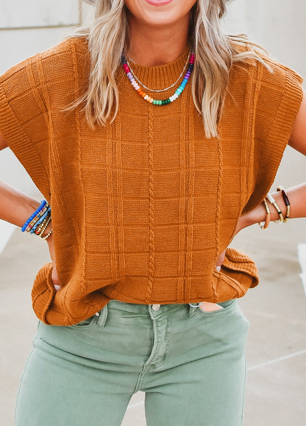 Chestnut Grid Textured Short Sleeve Sweater