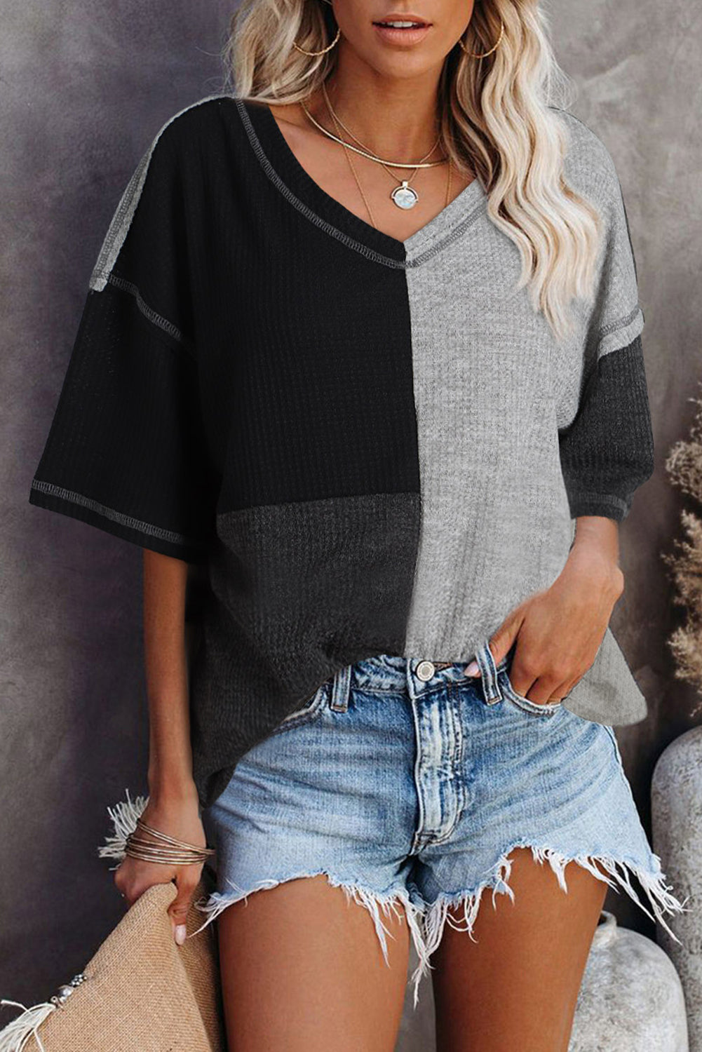 Waffle Colorblock Long Sleeve Oversized Top