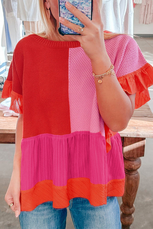 Mix Knitted Patchwork Ruffle Trim Loose Sweater