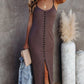 Brown Buttoned Ribbed Knit Sleeveless Midi Dress with Slit