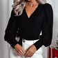 Glitter Wrap V Neck Tie Hem Puff Sleeve Blouse