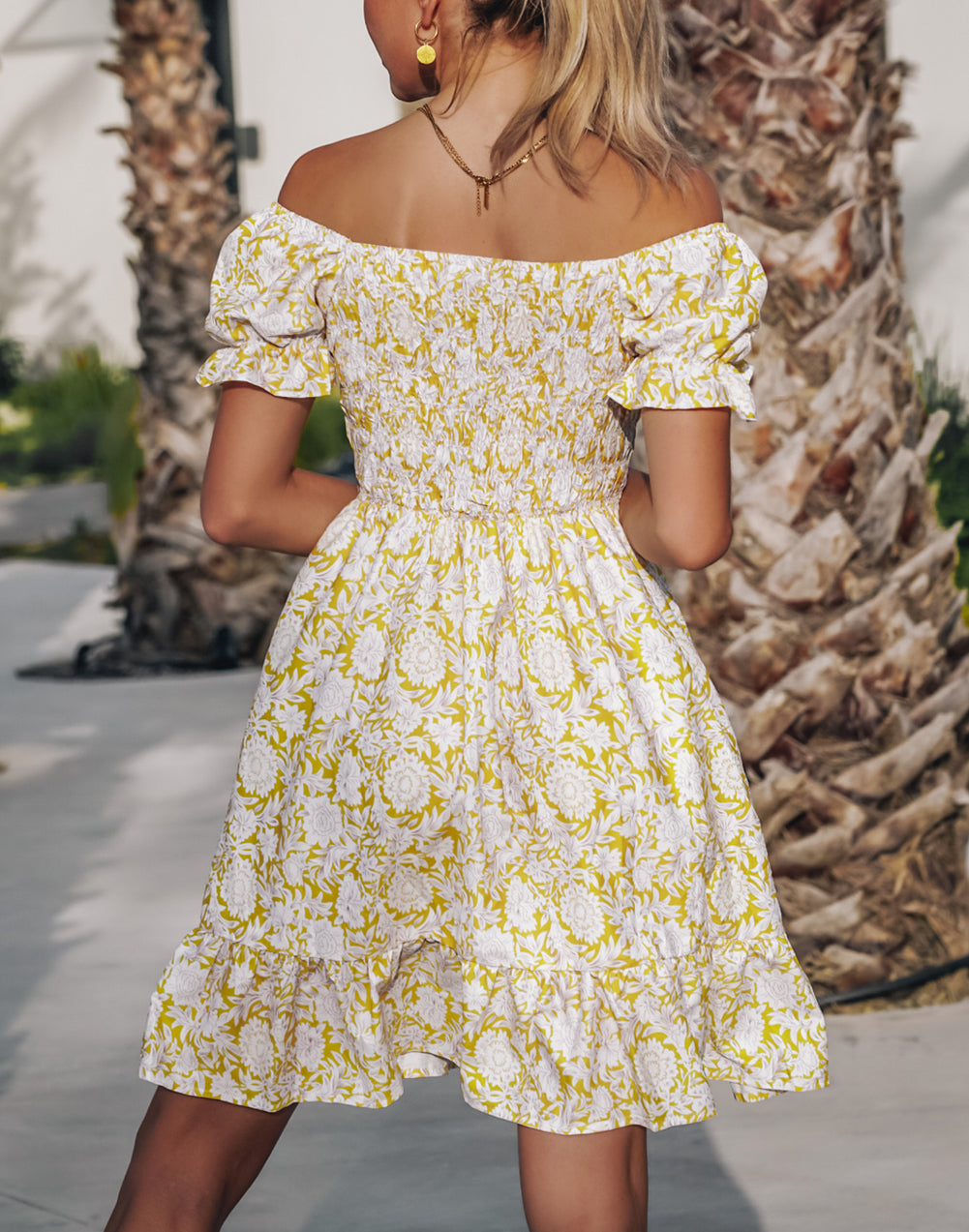 Shirred Flounce Off Shoulder Floral Dress