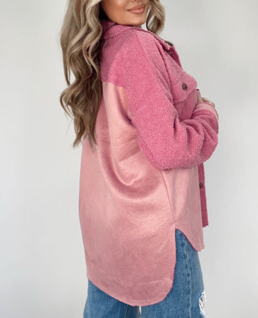 Colorblock Buttoned Flap Pocket Sherpa Shacket