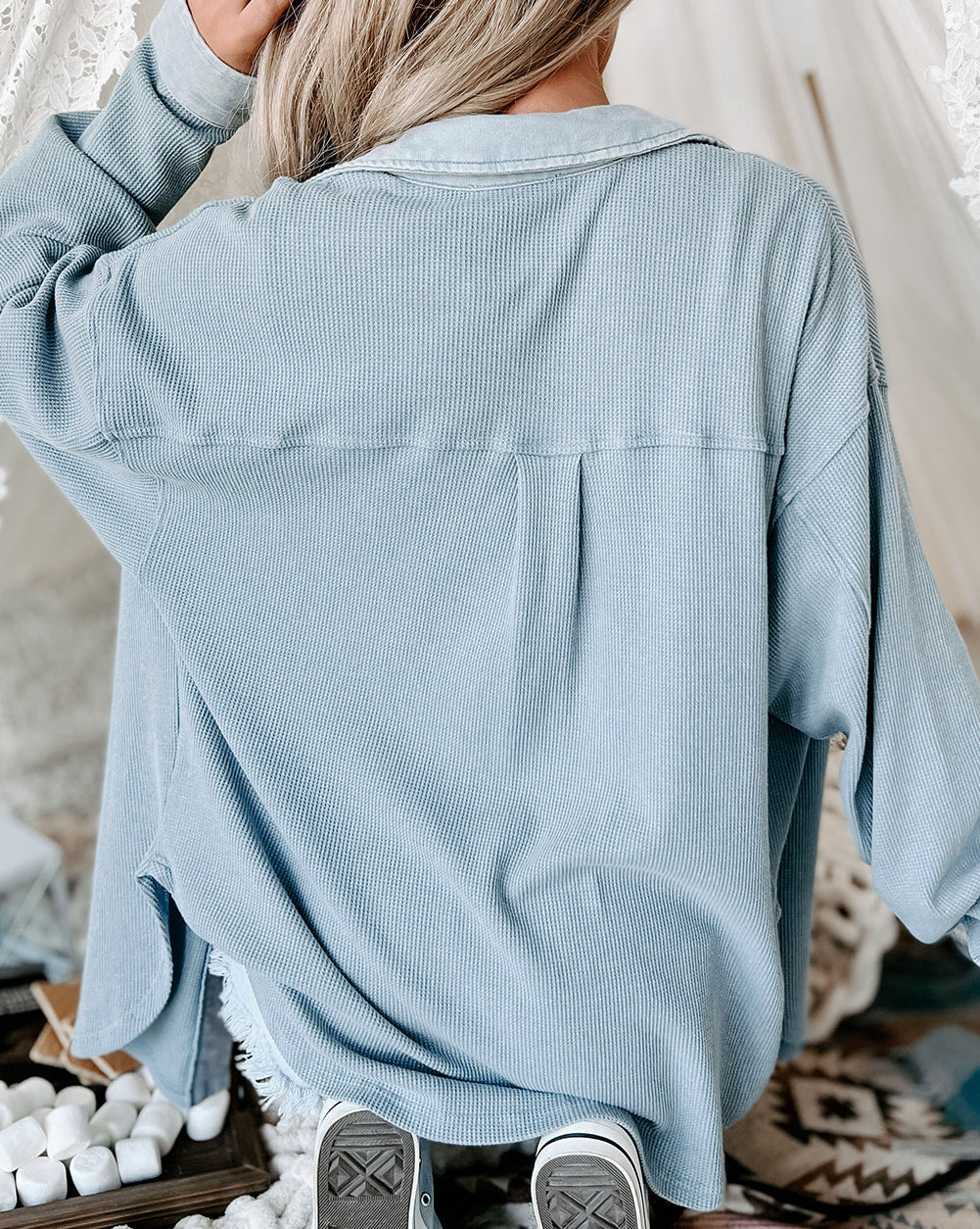 Waffle Knit Pocketed Button-Up Shacket