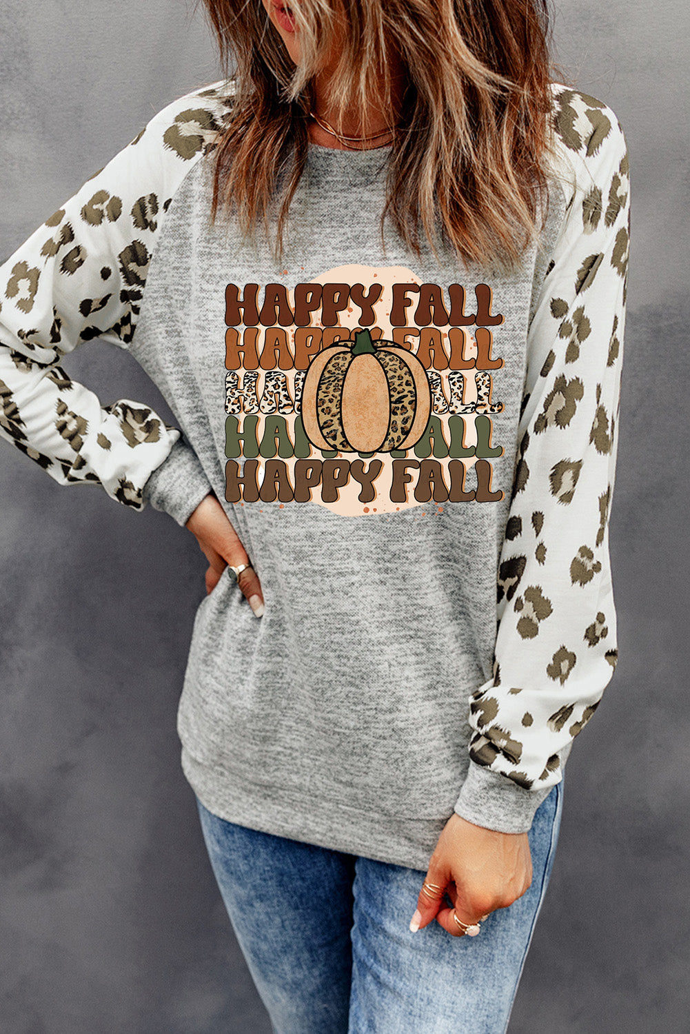Happy Fall Leopard Splicing Long Sleeve Top