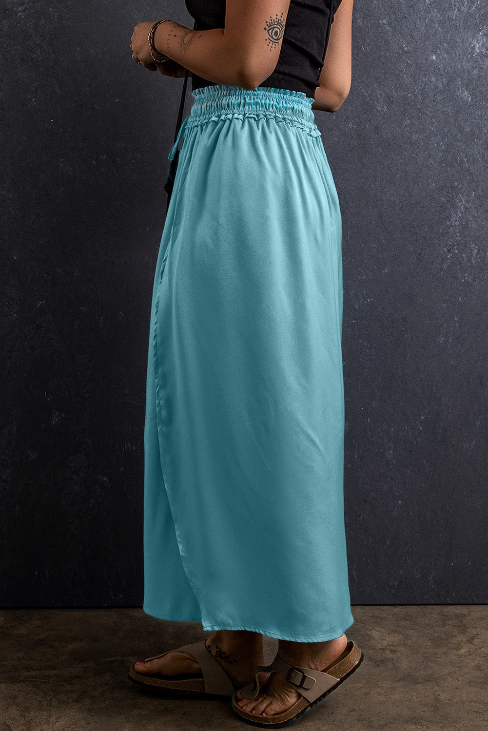 Drawstring Split Side Flowy Long Skirt