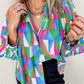 Geometric Print Buttoned Balloon Sleeve Loose Fit Shirt