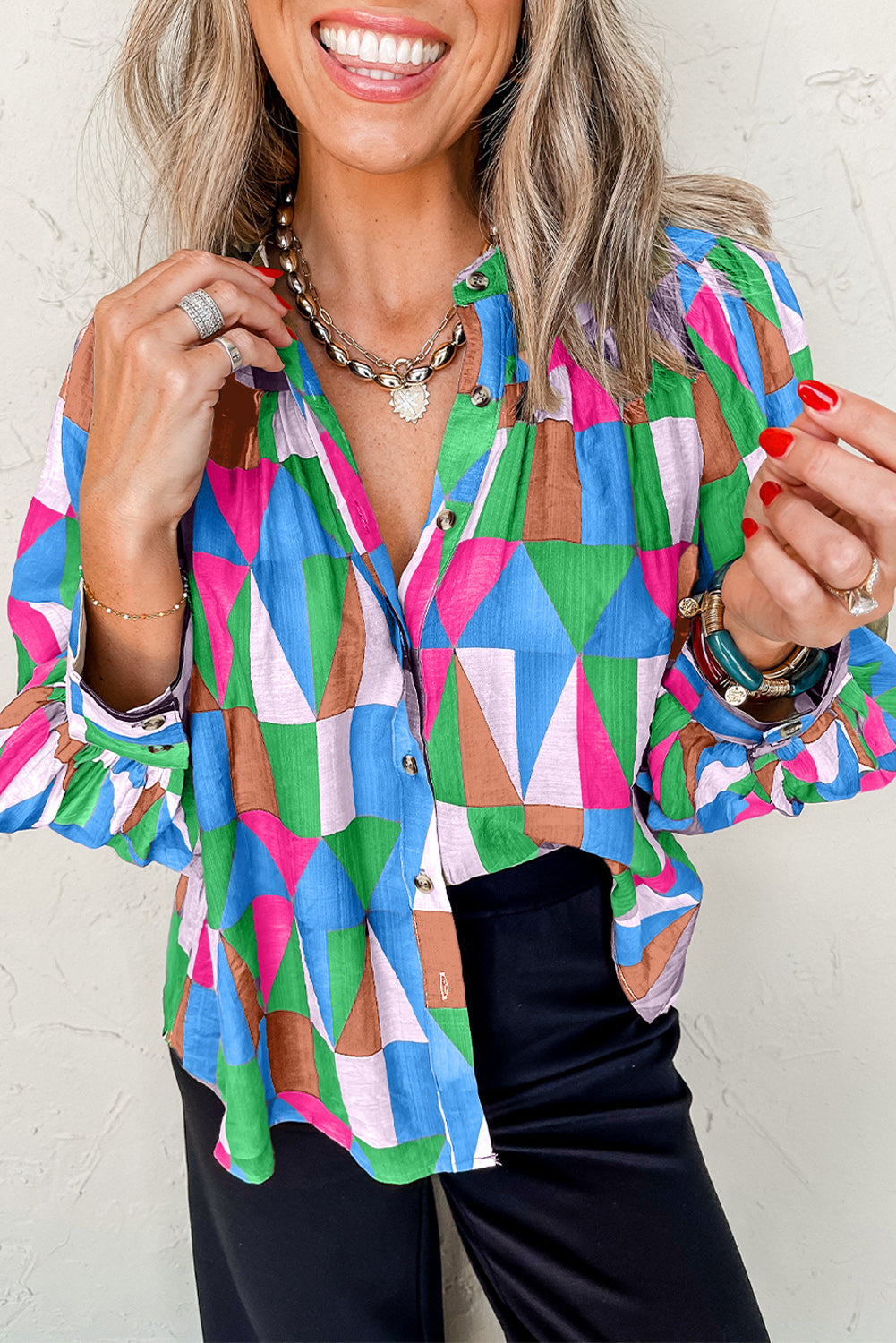 Geometric Print Buttoned Balloon Sleeve Loose Fit Shirt