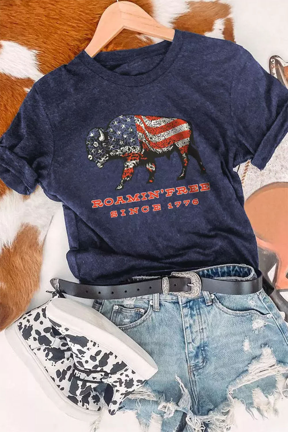 American Flag Ox Graphic Print Short Sleeve T Shirt
