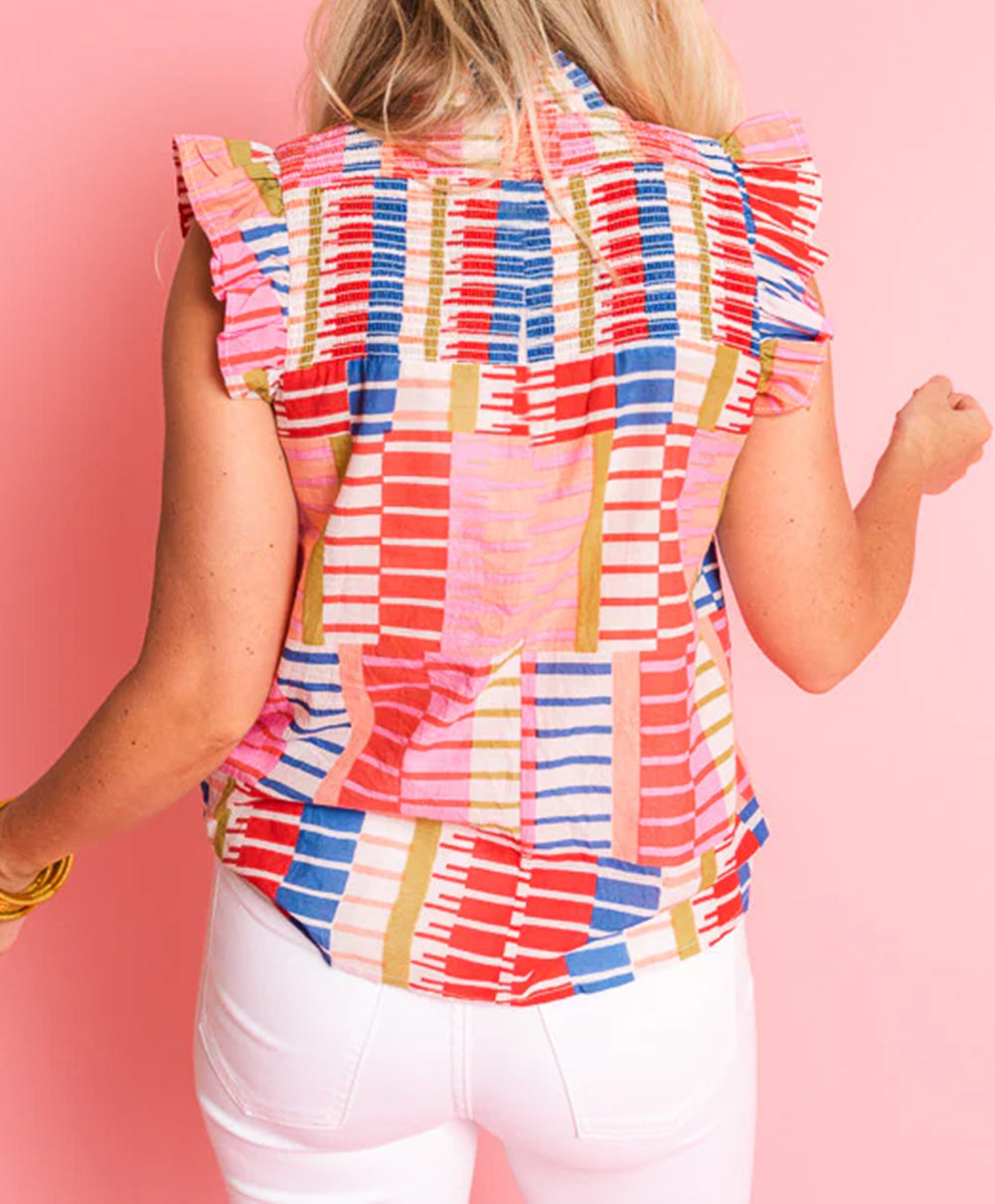 Striped High Neck Flutter Tank Top