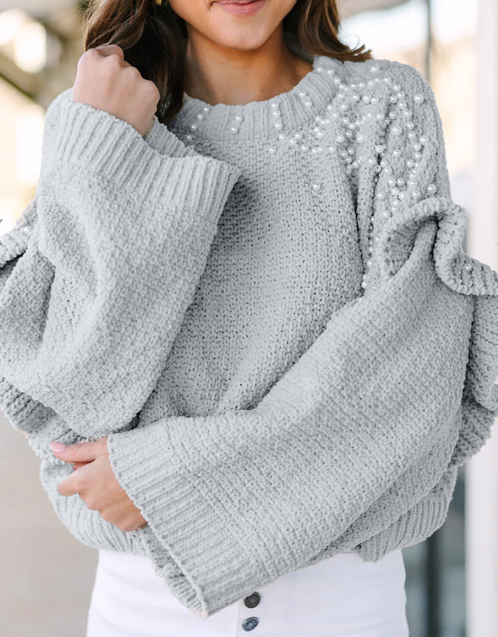 Pearl Embellished Ruffle Wide Sleeve Sweater