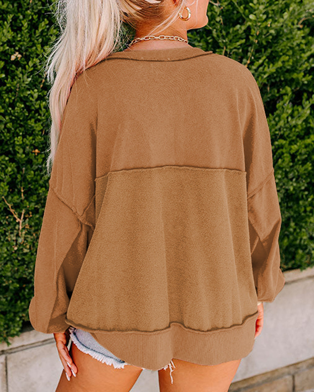 Drop Shoulder Henley Buttons Sweatshirt