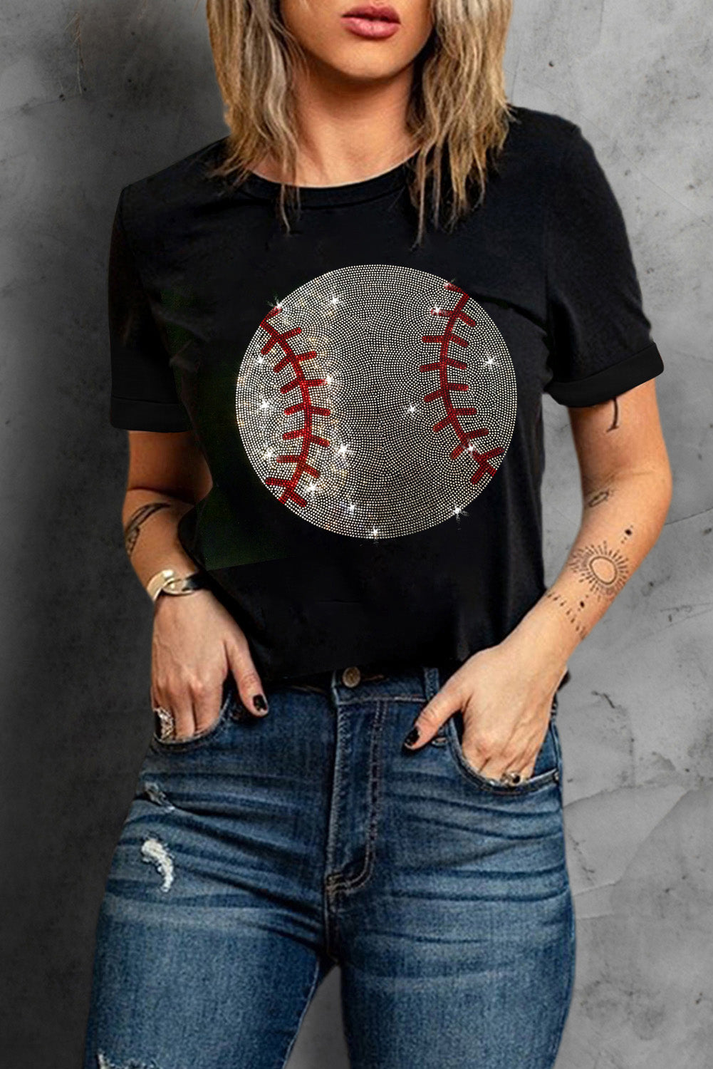 Rhinestone Baseball Pattern Round Neck T Shirt