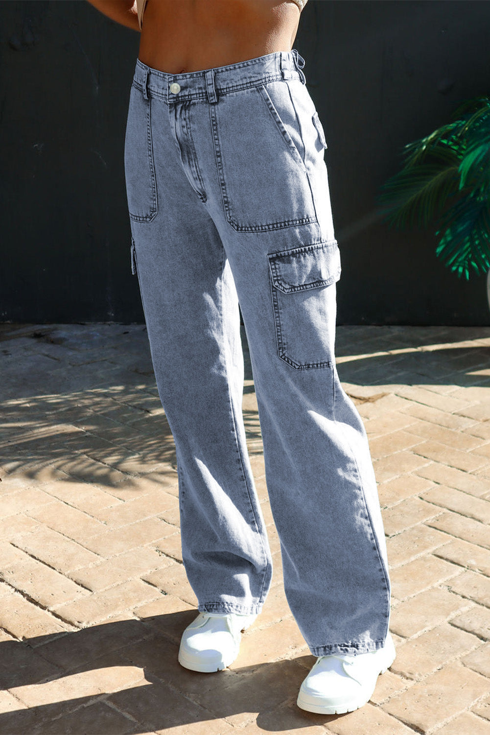 Blue High Waist Wide Leg Cargo Jeans