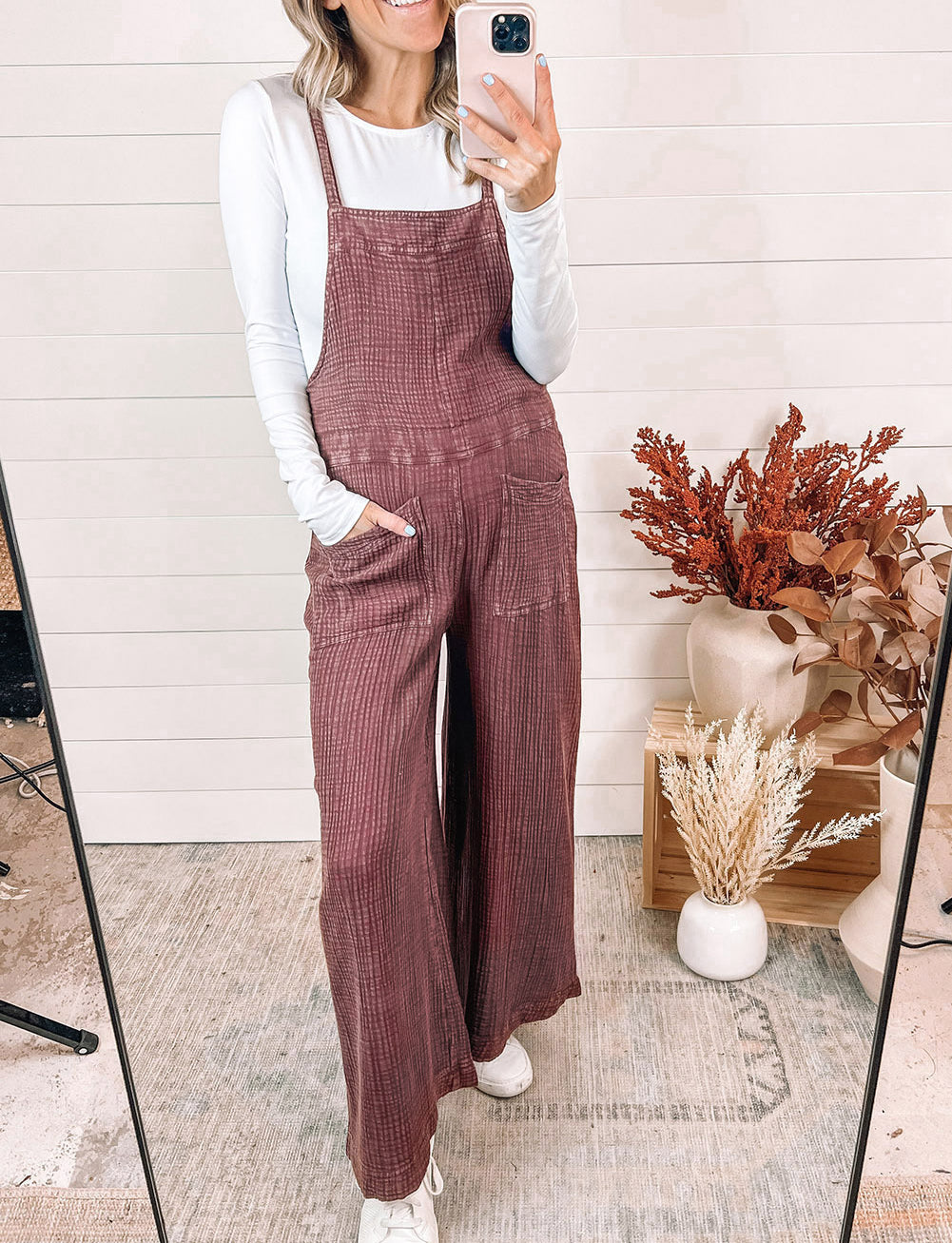 Textured Shoulder Straps Pocketed Overalls