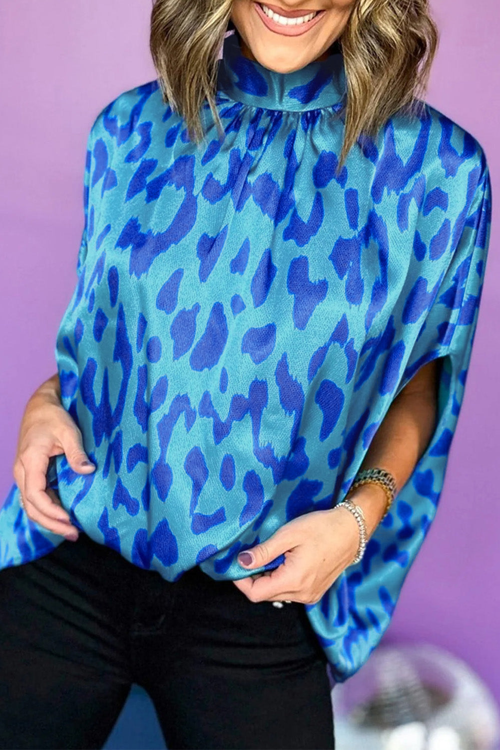 Animal Printed Mock Neck Detail Caftan Top