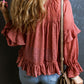 Swiss Dot Lace up V Neck Ruffled Blouse