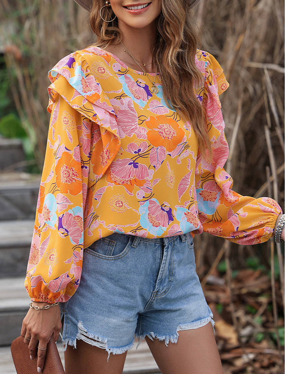 Floral Print Ruffle Puff Sleeve Blouse