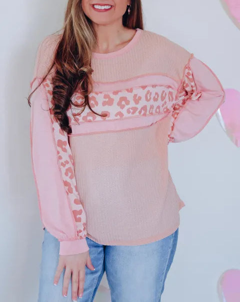 Leopard Patchwork Exposed Seam Waffle Knit Top