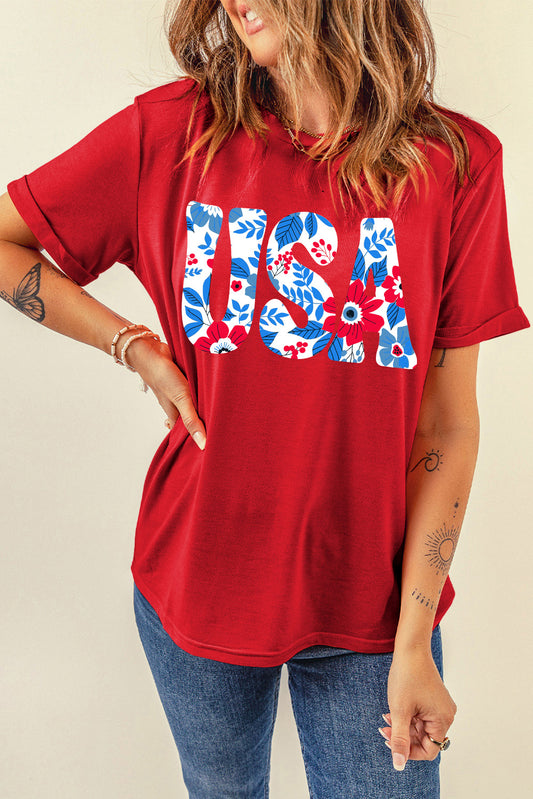 USA Flower Print Round Neck T Shirt