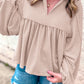 Corded Turn-down V Neck Bubble Sleeve Babydoll Blouse