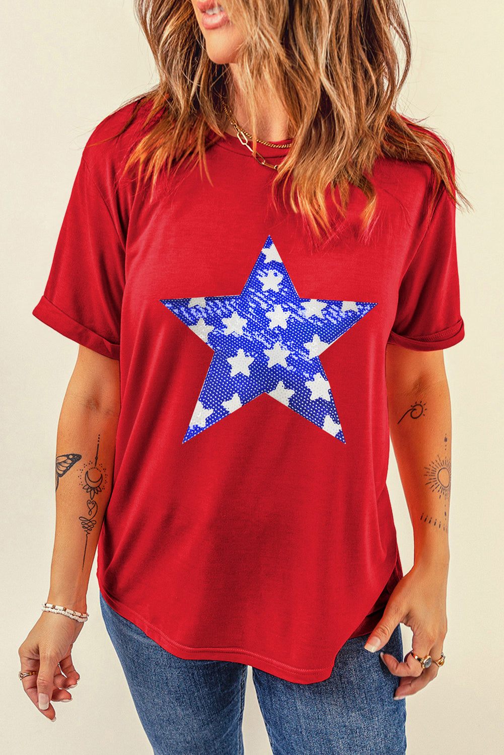 Sequin Star Graphic Crewneck T Shirt