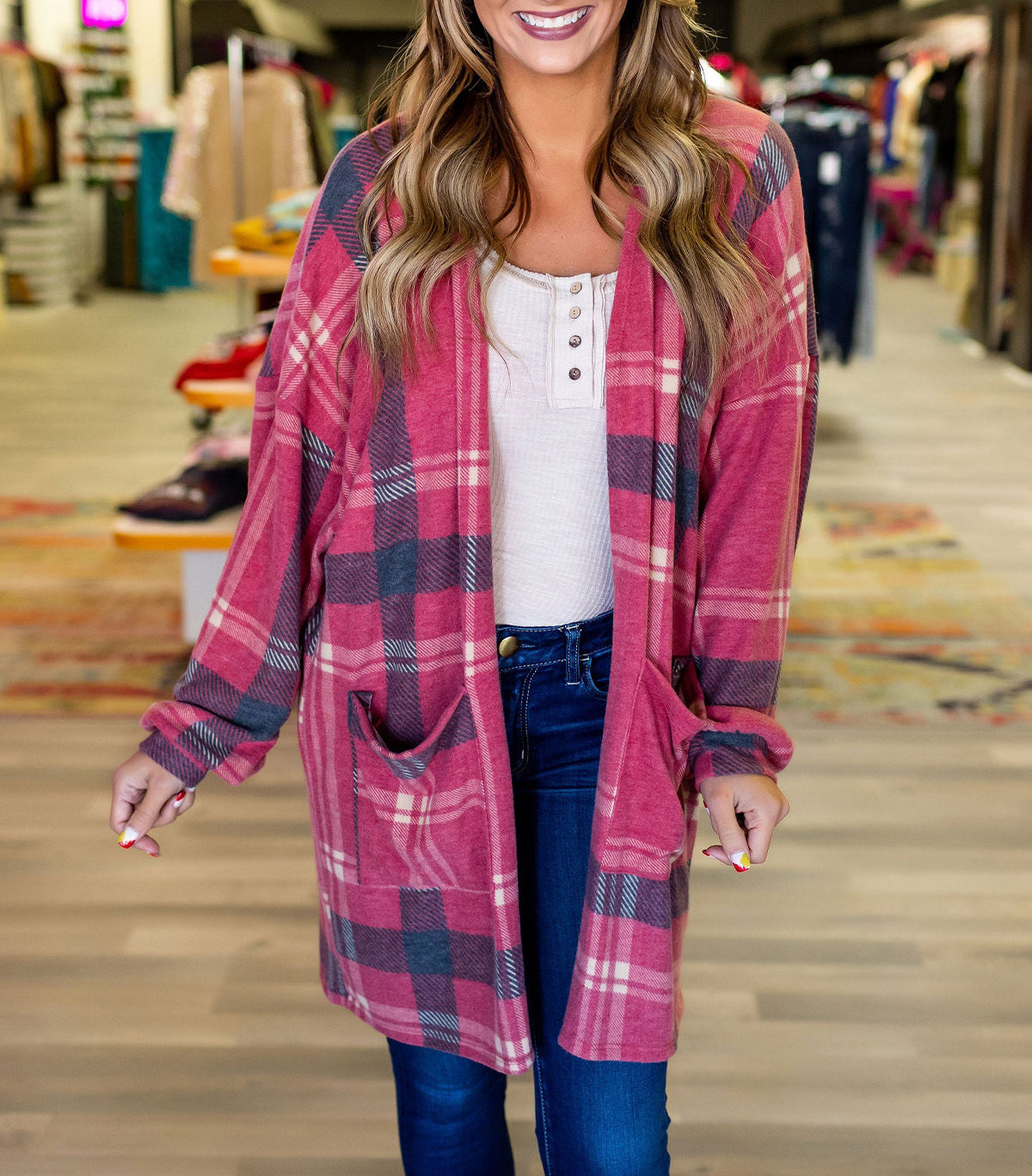 Plaid Casual Drop Shoulder Pocketed Cardigan