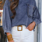 3/4 Sleeve Ruffled Patched Pocket Denim Blouse